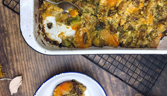 Christmas Sprout and Butternut Squash Gratin on a table