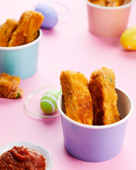 Homemade fish fingers and tomato ketchup