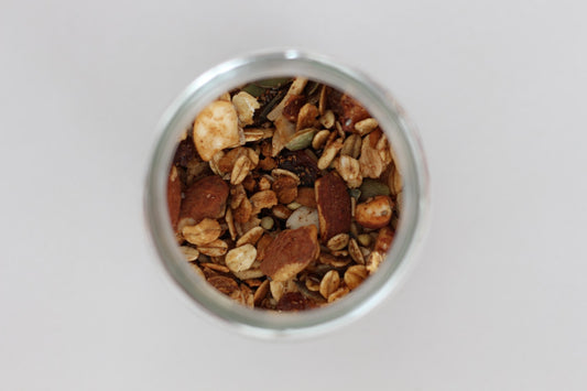 A jar of nuts, seeds and oats